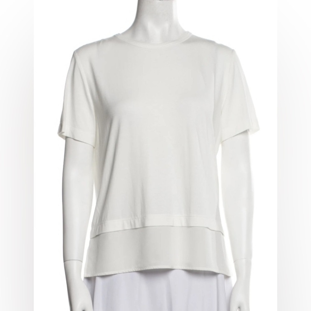 ST JOHN CAVIAR WHITE CREW NECKLINE SHORT SLEEVE TIERED VISCOSE SILK TSHIRT TOP